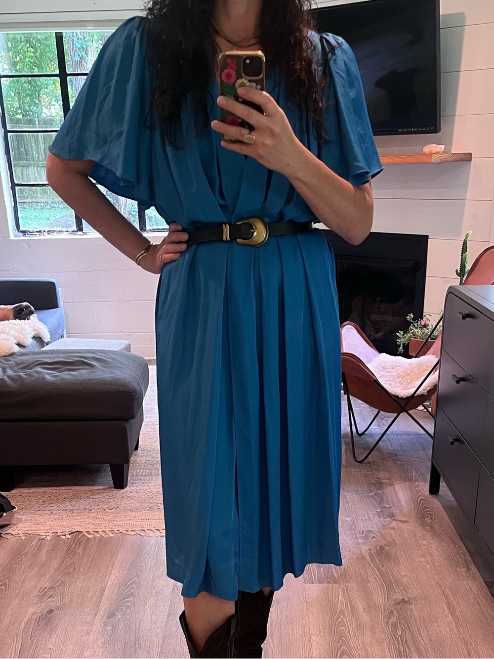 Ciao Lucia Vibrant Blue Midi Dress with Flutter Sleeves